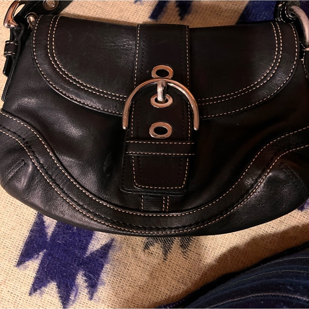 Coach Black Leather Shoulder Hobo with White Topstitching and Silver Hardware